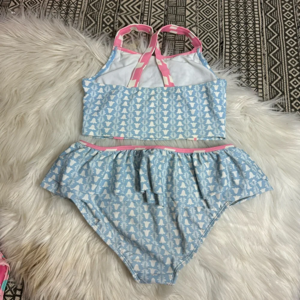Hanna Andersson Girls Swim Tankini ‎ Set Blue White Ruffles Pink Sz 140-150